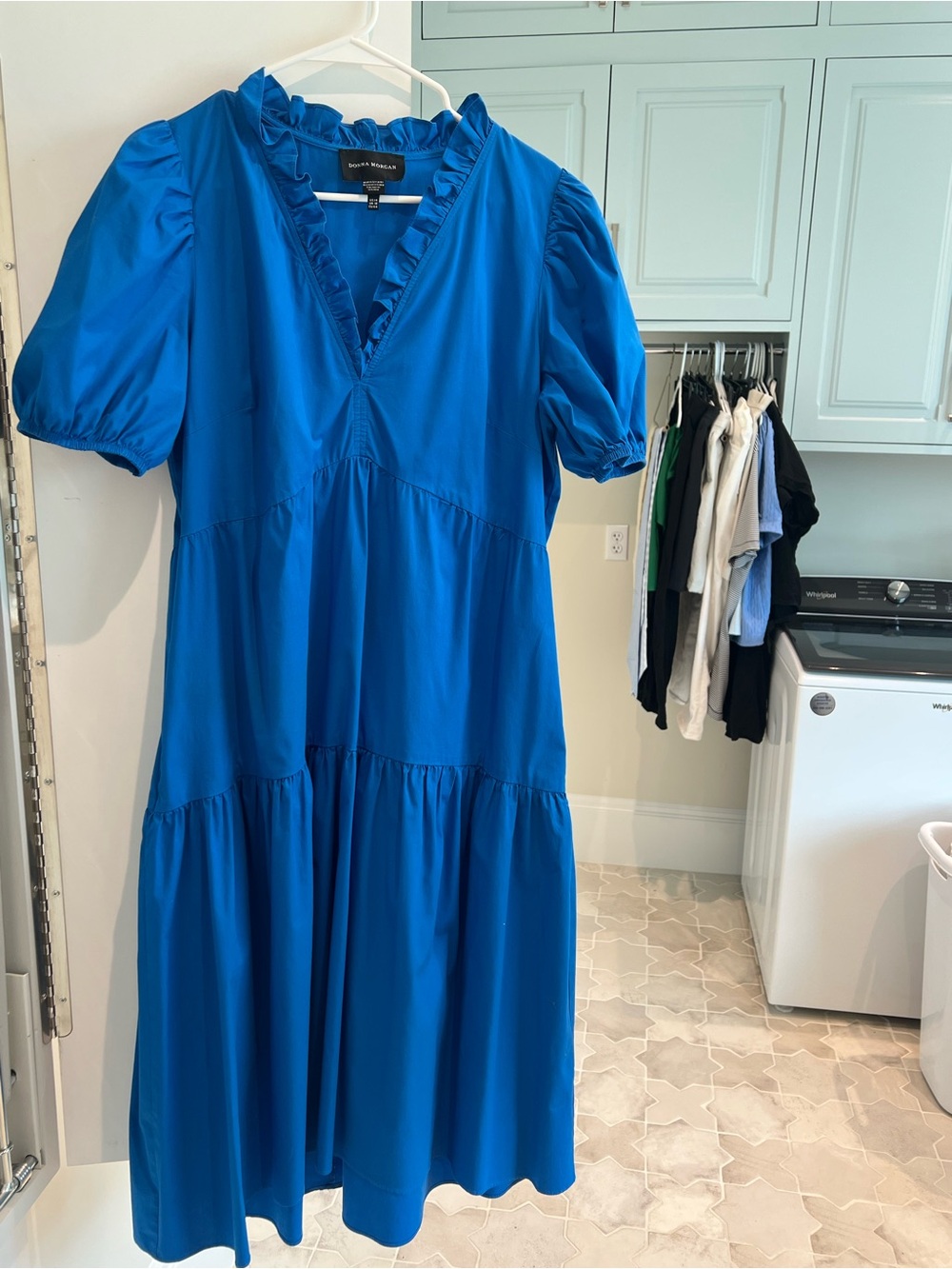 Donna Morgan Bright Blue Ruffle V-Neck Midi Dress
